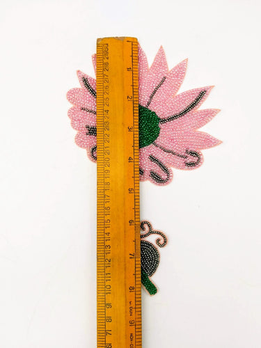 Hand Embroidered Pink and Green Floral Applique With Snail, Beaded Applique, 1 Piece